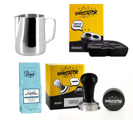 BARISTATOR - Kit Barista: tamper, livellatore, lattiera, tappetino e 250 g di caffè in grani