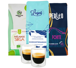 Maxicoffee - Caffè in chicchi - Confezione scoperta 3 x 250 g con set di 2 bicchieri